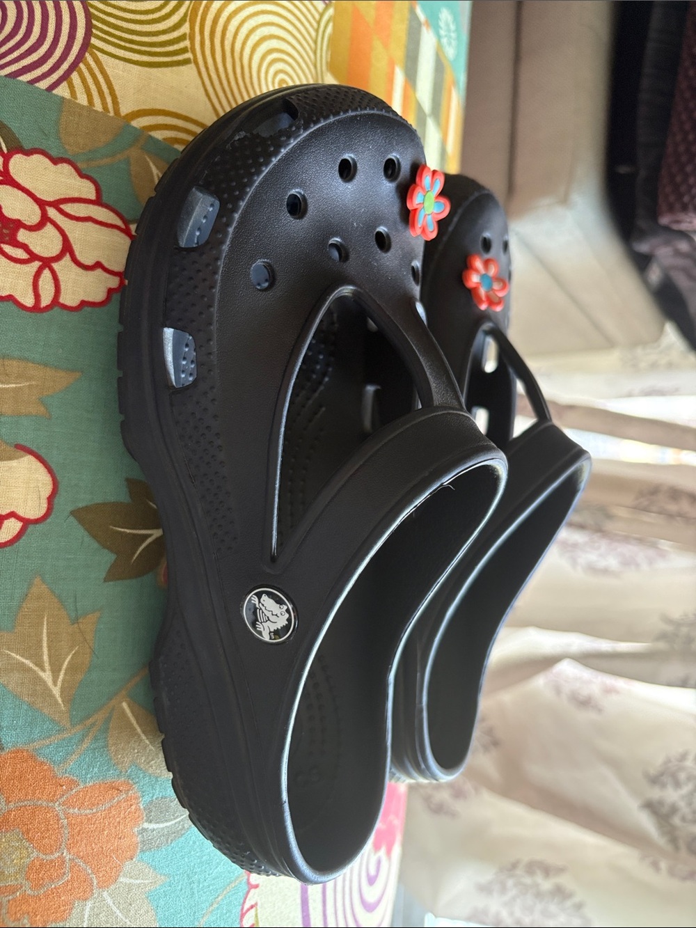 Black Mary Jane Style Crocks with orange-Blue Flower Charms - Picture 3 of 3